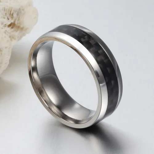 Miniatura 2 de Anillos de acero inoxidable negros para hombres, alianzas de boda para hombre, color plateado y negro, 0.315 in con incrustaciones de fibra