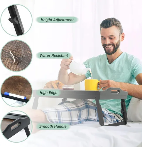 Miniatura 7 de Paquete de 2 bandejas de cama para mesa de desayuno, bandejas de servicio de altura ajustable para comer, bandeja de bambú para laptop con patas