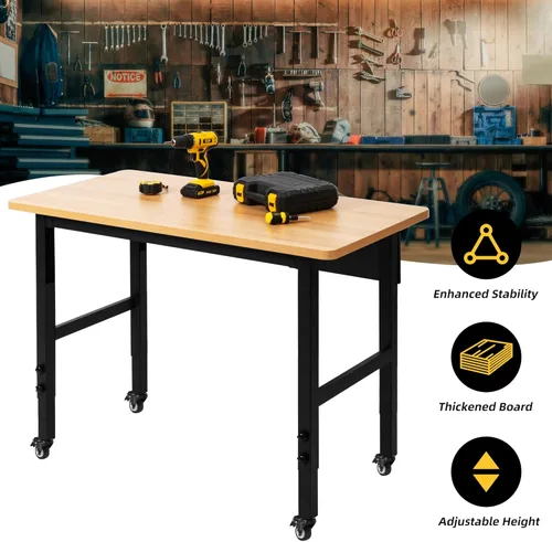Miniatura 6 de Banco de trabajo ajustable de 48 pulgadas con ruedas, mesa de trabajo rodante para garaje, banco de trabajo de madera dura de capacidad de 2000