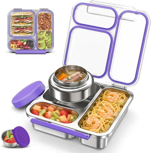 Miniatura 9 de Caja Bento de acero inoxidable para niños y adultos con termo de sopa de 7 onzas, tapa transparente, 3 compartimentos, lonchera Bento de metal