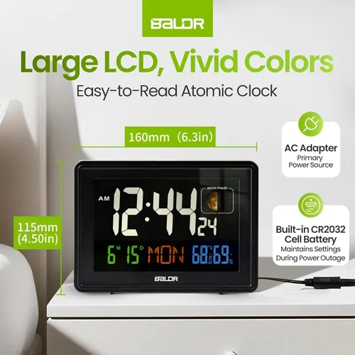 Miniatura 2 de BALDR Relojes Atómicos para Dormitorios Pantalla Digital Grande - Negro - Reloj de Escritorio con Temperatura Interior y Humedad, Reloj de Mesa