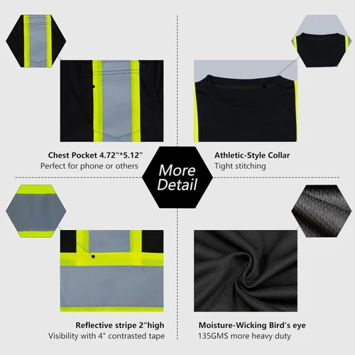 Miniatura 6 de VENDACE Camiseta de trabajo de seguridad de alta visibilidad para hombre, ANSI Clase 2, camisa de manga larga reflectante con bolsillo (negro, 2XL)