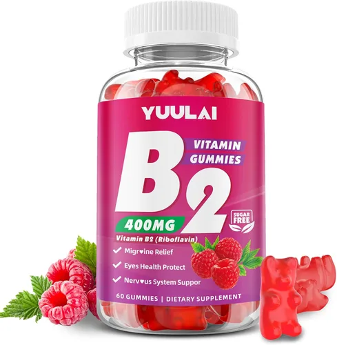 Gomitas de vitamina B2 de 400 mg | Suplemento de riboflavina con magnesio para niños y adultos, gomitas B2 para aliviar la migraña, el sistema