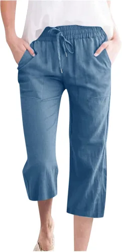 Miniatura 9 de Ceboyel Pantalones capri para mujer para verano, cintura elástica, pantalones de yoga, con cordón, pantalones de lino, pantalones de entrenamiento