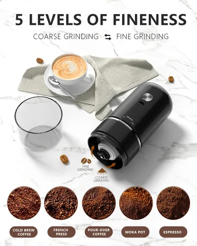Miniatura 2 de Molinillo de café eléctrico portátil, molinillo de café automático con diseño de carga inalámbrica USB tipo C, ajustable de grueso a fino para Negro