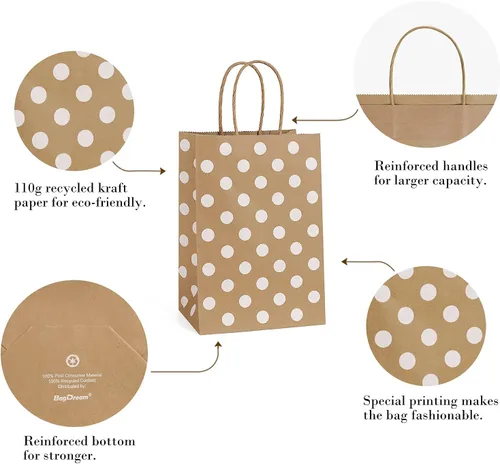 Miniatura 5 de BagDream Pequeñas bolsas de regalo de papel 25pcs 5.25x3x8 pulgadas con asas, bolsas de fiesta de compras reciclables Kraft Brown Dot Marrón