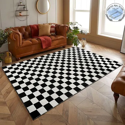 Miniatura 2 de Seavish Alfombra a Cuadros, 2x3 Pies, Alfombra Marroquí a Cuadros Negra y Blanca, Lavable, de Algodón Tejido, Alfombras Lavables para Exteriores
