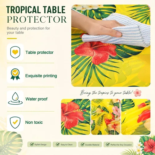 Miniatura 4 de Oudain Mantel hawaiano de 3 piezas de 84 pulgadas con hojas de palmera tropicales, flores redondas, de plástico, desechable, circular, impermeable