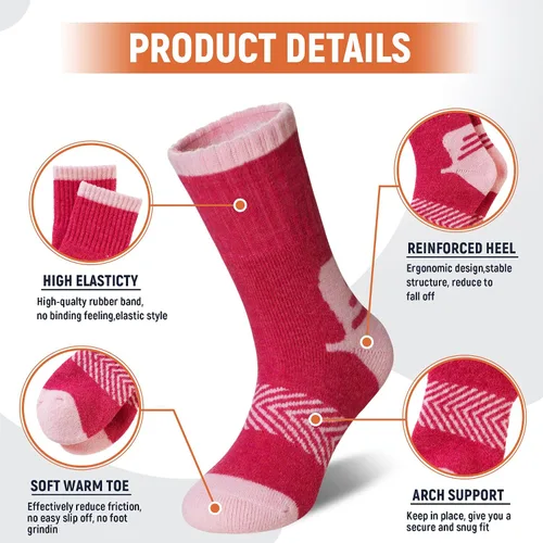 Miniatura 4 de Calcetines de senderismo de lana merino para niños y niñas, calcetines térmicos cálidos para botas de invierno, 6 pares