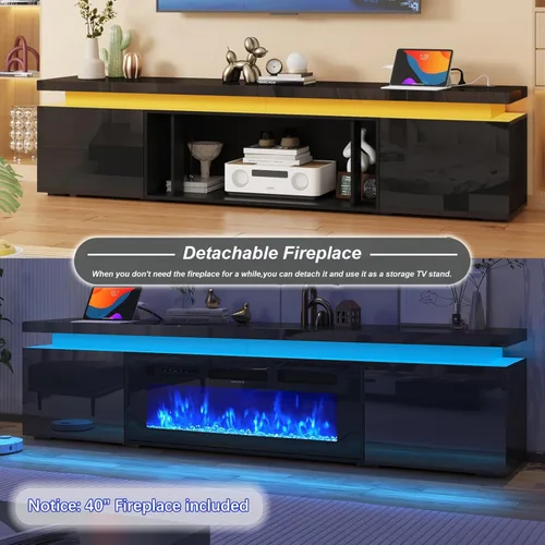 Miniatura 2 de St.Mandyu Soporte de TV con chimenea para TV de 80 pulgadas, soporte de TV LED de 71 pulgadas con chimenea eléctrica de 40 pulgadas y toma