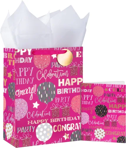 Miniatura 7 de LeZakaa Bolsa de regalo de cumpleaños de 13 pulgadas, bolsa de regalo mediana rosa con papel de seda, etiqueta de regalo y tarjeta, letras de feliz