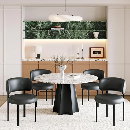 Miniatura 13 de Juego de 2 sillas de comedor beige de cuero con patas de metal, soporte de resorte y respaldo curvado, silla redonda de comedor de cocina