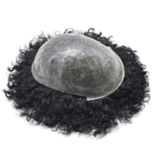 Miniatura 8 de LYRICAL HAIR Afro Curly Mens Toupee Afro American Hair System Replacement 10X8 All Injected Poly Skin PU Afro ondulado 10MM Curl Hairpiece #1B #1B