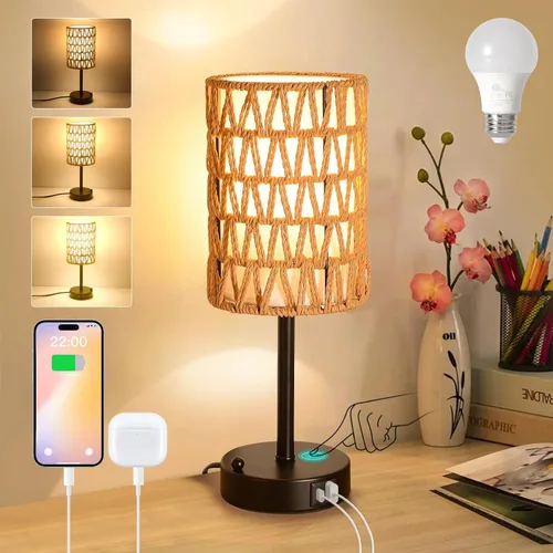 Miniatura 12 de Lámparas de mesa de ratán para sala de estar, lámparas táctiles regulables de 3 vías, lámparas de noche pequeñas con bombillas LED, soporte