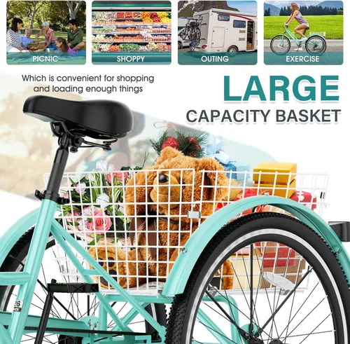 Miniatura 5 de MOPHOTO Triciclo de montaña para adultos, bicicleta de montaña de 7 velocidades y 3 ruedas para adultos, triciclo Cruiser de 24/26/27.5 pulgadas