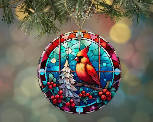 Adorno de pájaro de Navidad de vitral, adorno de cerámica, adorno de pájaro de vitral, adorno religioso para cristianos impreso en un lado