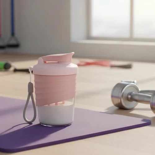 Miniatura 6 de Botella mezcladora de proteínas, rosa, 14 onzas, a prueba de fugas, con agarre de silicona antideslizante, bola mezcladora, correa de nailon
