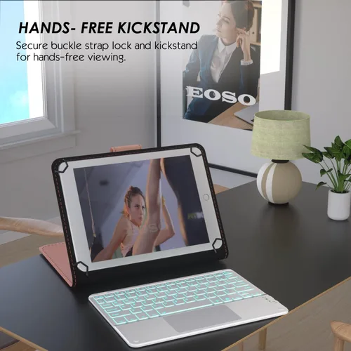 Miniatura 5 de Funda de teclado TouchPad para tabletas de 9", 10", 10.1", 10.5", teclado inalámbrico Bluetooth 2 en 1 con panel táctil, retroiluminación de 7 Rosa