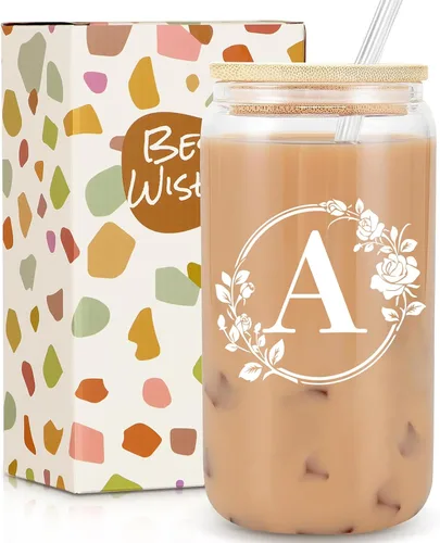 Regalos de cumpleaños para mujeres, taza de vidrio personalizada con monograma de iniciales para mujeres, tazas de vidrio de 16oz con tapas y
