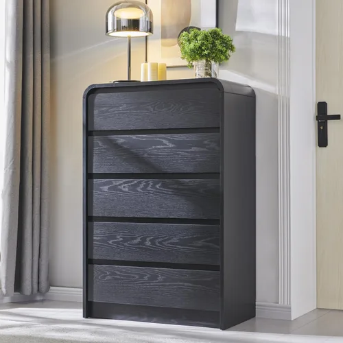 Miniatura 13 de Aitjunz Cómoda moderna de 5 cajones para dormitorio, 114 cm de altura con diseño de perfil curvo, cómoda vertical de madera estilo mediados de siglo