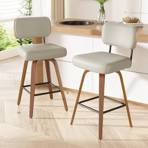 Miniatura 3 de Juego de 1 taburete de bar giratorio, taburetes de bar tapizados de 26" de altura para encimera con respaldo de nogal y patas de madera curvada