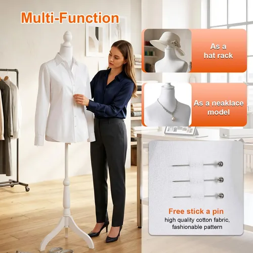 Miniatura 5 de Maniquí de maniquí femenino con soporte de trípode de madera, 50-63 pulgadas para mujer, altura del cuerpo ajustable para costura, ropa, joyería