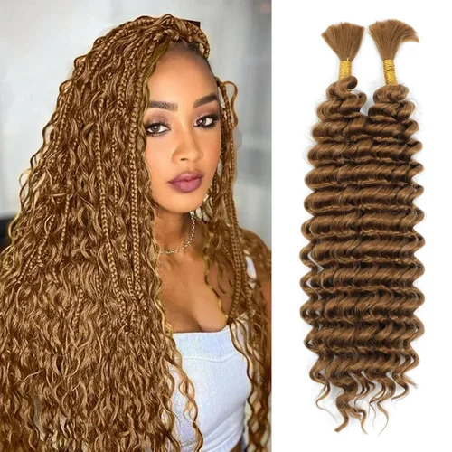 Miniatura 43 de Mezcla de cabello humano trenzado sintético bohemio para trenzar, 16 pulgadas de onda profunda a granel para trenzas bohemias, 2 piezas de cabello 1b