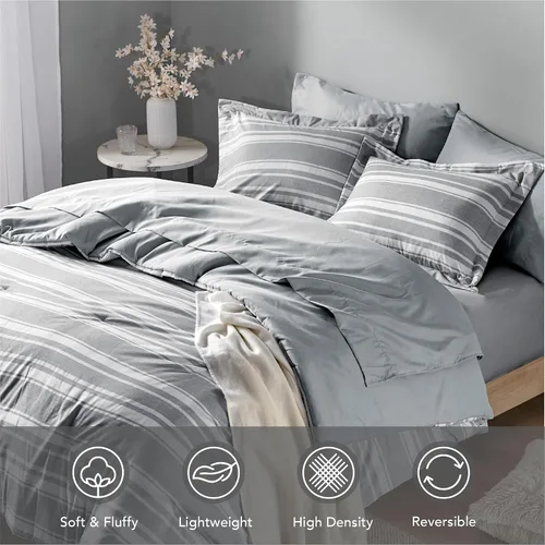 Miniatura 4 de Codi Juego de cama tamaño Queen en una bolsa, juego de ropa de cama matrimonial, moderno edredón de rayas grises y blancas con sábanas, juego