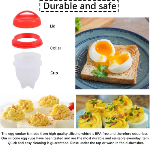 Miniatura 4 de 6 piezas de olla de huevos, caldera de huevo antiadherente de silicona, tazas para cocinar huevos sin cáscara, huevo escalfado rápido para desayuno