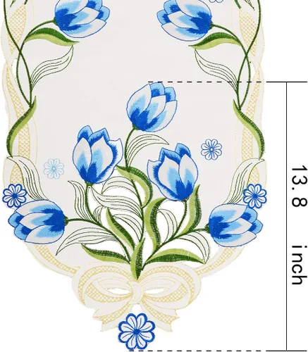 Miniatura 4 de Caminos de mesa pequeños bordados de tulipán, manteles florales de primavera para Pascua (azul, 13 x 35 pulgadas)