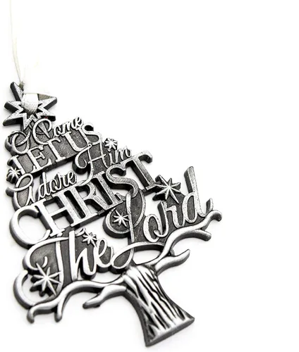 Adorno colgante de Navidad grabado en forma de árbol de metal plateado con texto en inglés "O Come Let Us Adore Him Christ the Lord", 2.75 pulgadas