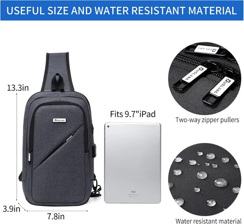 Miniatura 18 de DUSLANG Mochila de hombro para senderismo, bolsa cruzada para hombres, bolsas de pecho con puerto de cargador USB para campamento casual, ciclismo