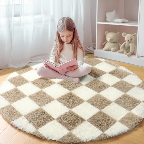 Miniatura 10 de KICMOR - Tapete a cuadros afelpado, peludo, mullido, color beige y blanco crema, pequeño, de 2 x 3 pies, para dormitorio, sala, junto a la cama