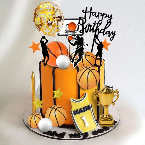 Miniatura 5 de 29 adornos de baloncesto para tartas de baloncesto con bolas doradas de estrella para cumpleaños de hombres