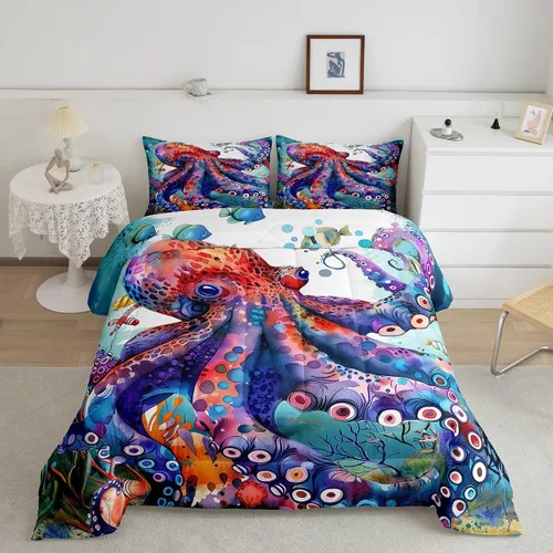 Miniatura 28 de Erosebridal Blue Ocean - Juego de edredón tamaño individual Juego de ropa de cama de ballena delfín y tortuga marina para niños y niñas, juego