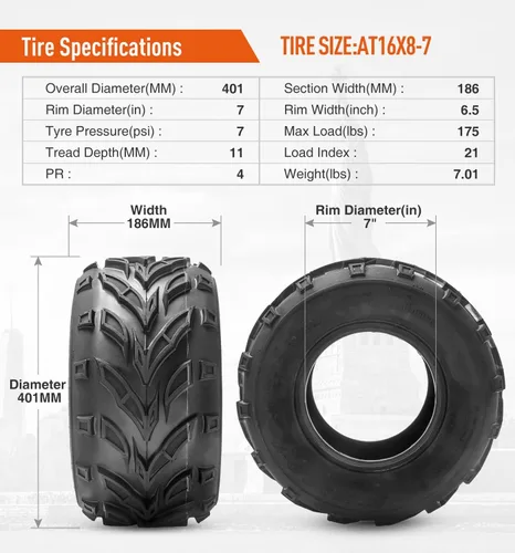 Miniatura 4 de HALBERD Neumáticos deportivos ATV 16x8-7, 16x8x7 Go Kart ATV UTV Off-Road Neumáticos sin cámara, todo terreno, prueba de arena de barro 4PR