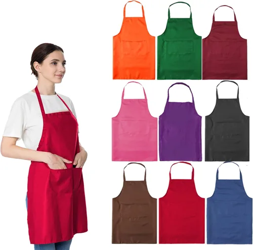 Miniatura 9 de Juego de 16 delantales rojos con babero liso a granel para mujeres, hombres y adultos con 2 bolsillos - Delantales de chef, cocina, pintura