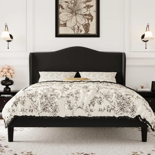 SHA CERLIN Marco de cama de plataforma de terciopelo de tamaño completo con elegante cabecero con respaldo alado, diseño moderno y lujoso, listones