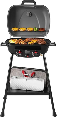 Royal Gourmet GT2003 Parrilla portátil de gas propano de 2 quemadores con soporte y rejilla calefactora, combo de parrilla y plancha 2 en 1 con