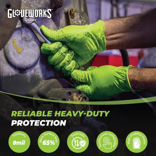 Miniatura 2 de GLOVEWORKS Guantes verdes de HD, guante mecánico de agarre de diamante elevado resistente desechable de nitrilo de 8 mil, opciones de compra a granel