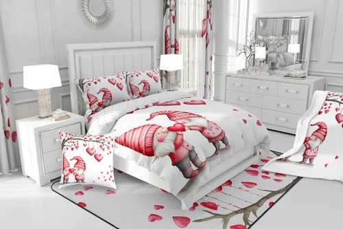 Miniatura 7 de Juego de edredón para el día de San Valentín, tamaño individual, ropa de cama romántica de gnomo para niños y niñas, pareja, con corazón rojo