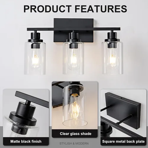 Miniatura 6 de Lámparas de Baño de 3 Luces Negras para Vanidad Sobre Espejo Apliques de Pared de Iluminación Moderna de Casa de Campo Lámpara de Pared Industrial