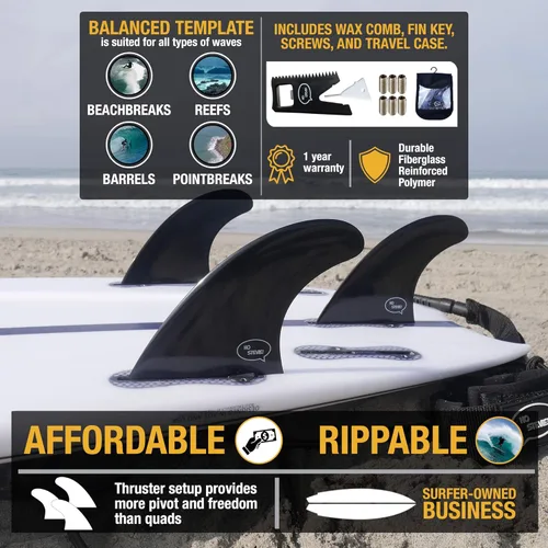 Miniatura 2 de ¡Hola Stevie! Aletas de surf de polímero reforzado de fibra de vidrio – Amortiguador (3 aletas) de tamaño FCS o futuros, con bolsa de aletas
