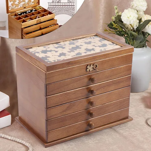Miniatura 4 de Joyero de madera con 6 capas, organizador de madera, ideal como regalo para mamá y novia.