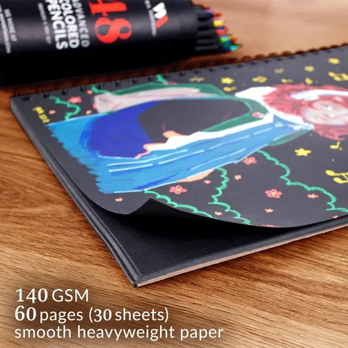 Miniatura 6 de WA Portman - Cuaderno de bocetos de papel negro A4 (8.3" x 11.7"), papel negro para marcadores de 140 GSM sin ácidos, 60 páginas (30 hojas), diario