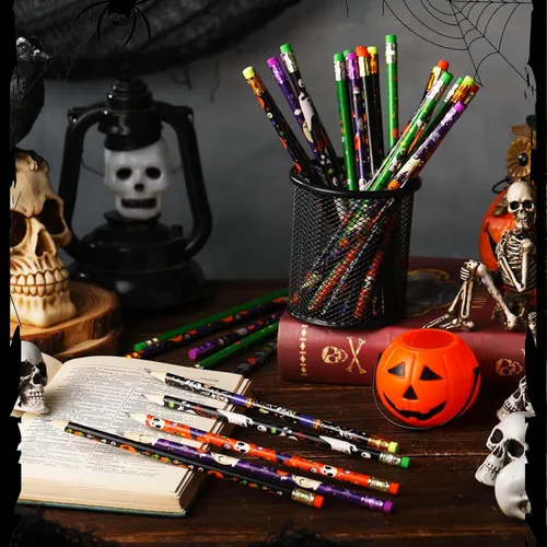 Miniatura 3 de Cholemy 200 lápices de Halloween con borradores, lápices de madera a granel, calabazas coloridas, murciélagos, arañas, calaveras, fantasmas y ojos