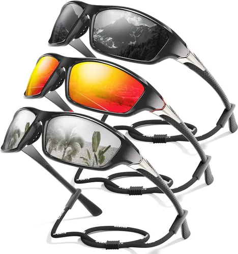Miniatura 10 de Paquete de 3 lentes de sol deportivos polarizados para hombres, gafas de sol masculinas envolventes con protección UV para ciclismo, pesca