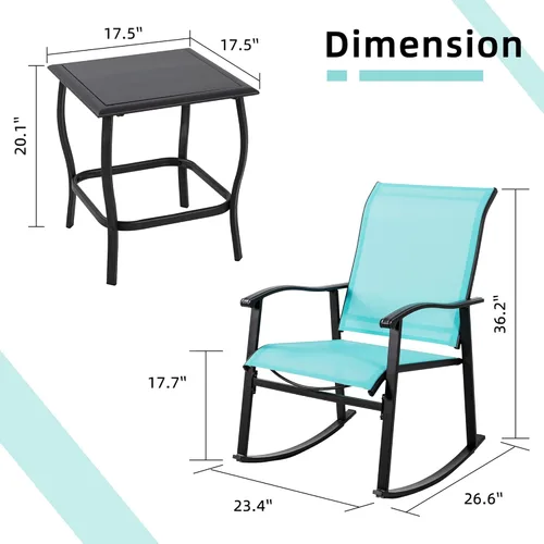 Miniatura 6 de Vongrasig - Juego de 3 piezas de muebles para exteriores con mecedoras, juego de bistró de tela Textilene, juego pequeño de muebles de patio, juego