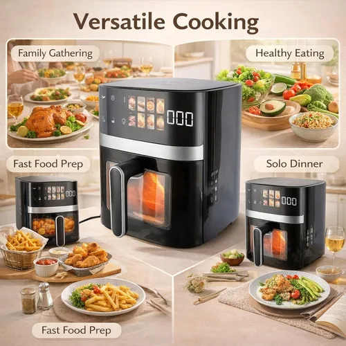 Miniatura 3 de Freidora sin aceite de 5 cuartos de galón, cocina eléctrica de gran capacidad con ventana visual y pantalla a color, totalmente automática, ocho