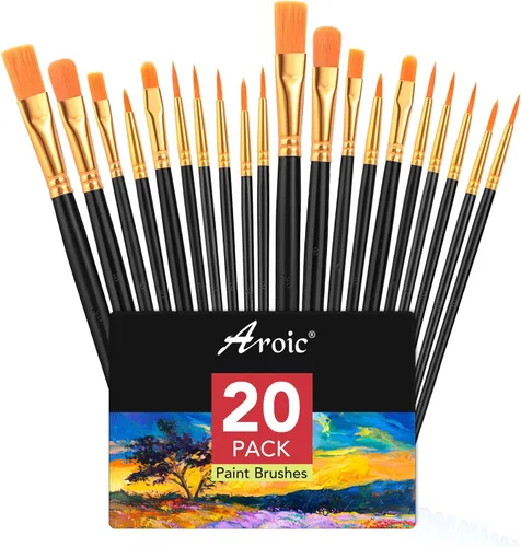 AROIC Juego de pinceles de pintura acrílica, 2 paquetes/20 cepillos de pelo de nailon para todo uso, pintura al óleo, acuarela, pintura, kits Negro
